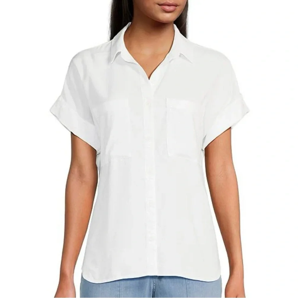 Cloth & Stone Crisp White Rolled Short Sleeve Point Collar Button Down Top Small - Picture 1 of 10